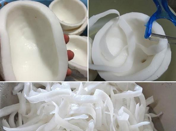Bào dừa thành sợi mỏng để làm dừa sấy khô